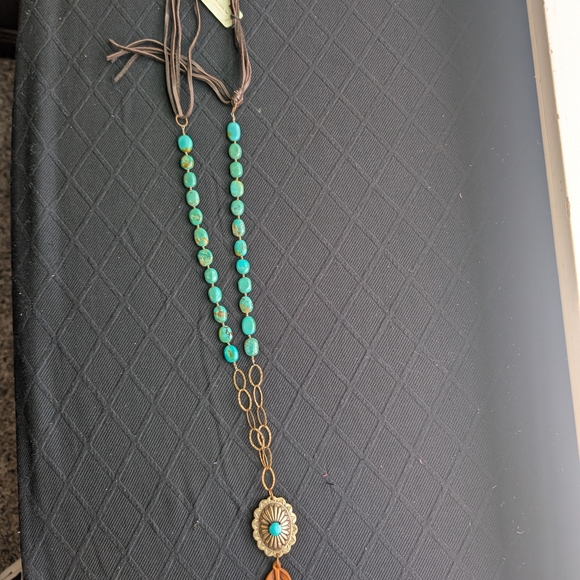Turquoise and Gold Feather Pendant Necklace - Picture 3 of 5
